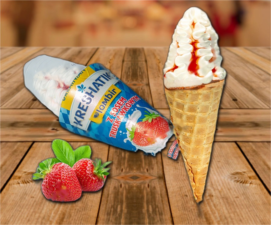 Ice cream with vanilla flavour, with syrup with strawberries