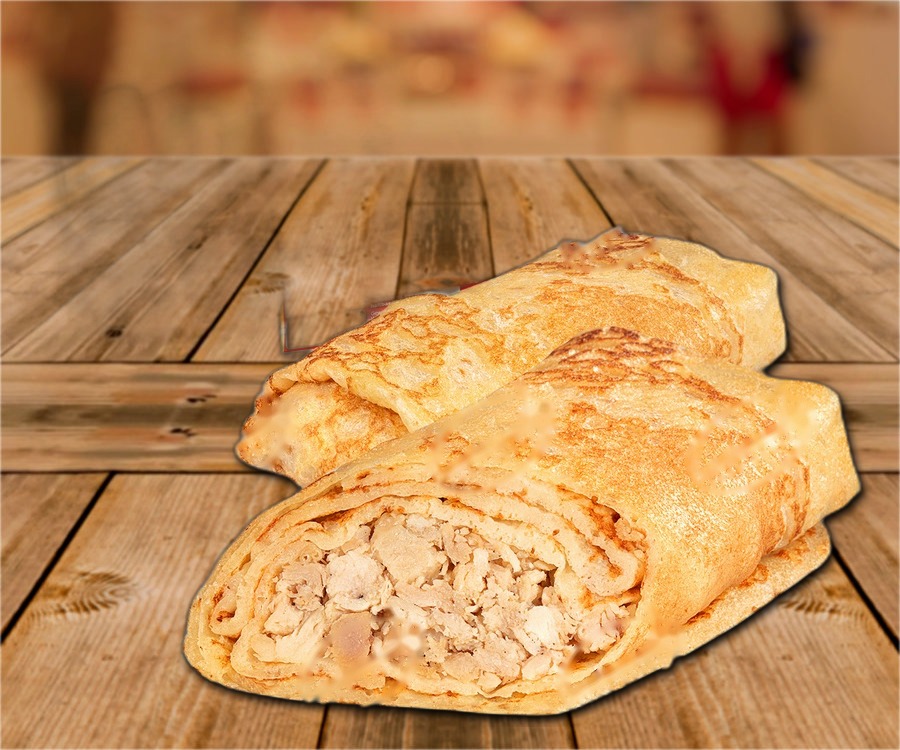 Pancakes, battered, with filling made with chicken meat, quick-frozen