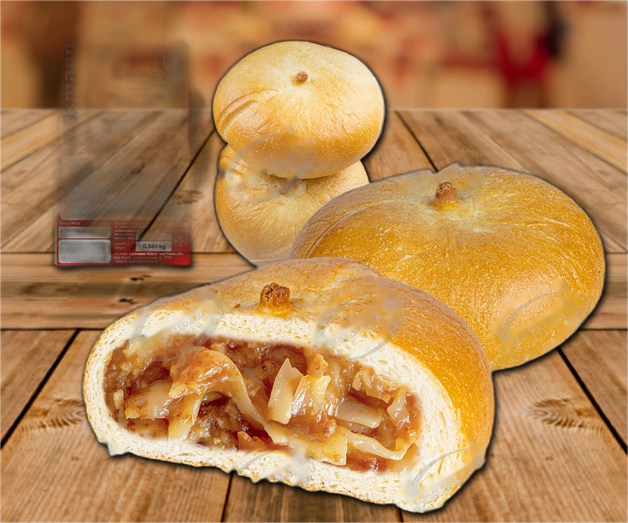 Yeast dough pockets filled with white cabbage, baked, quick-frozen
