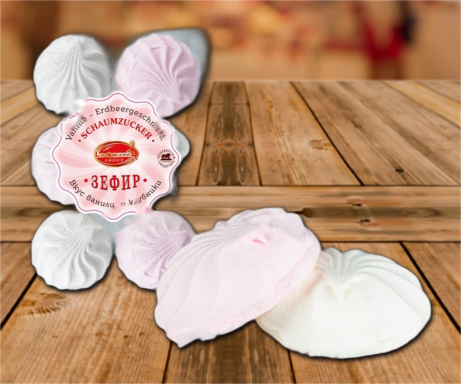 Marshmallows with vanilla flavour and strawberry flavour.