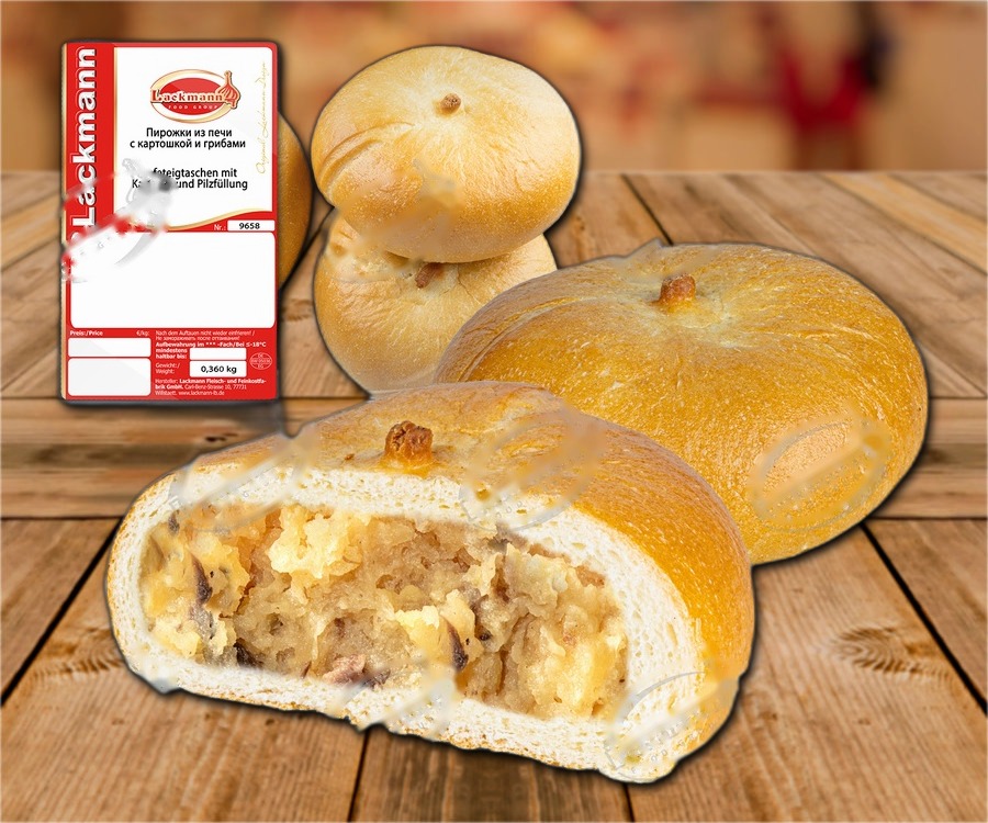 Yeast dough pockets filled with potatoes and mushrooms, baked, quick-frozen