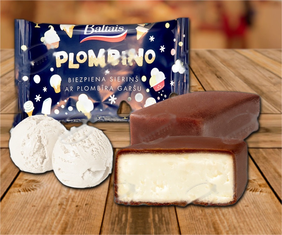 Curd cheese bars with ice cream flavour, in a coating that contains cocoa