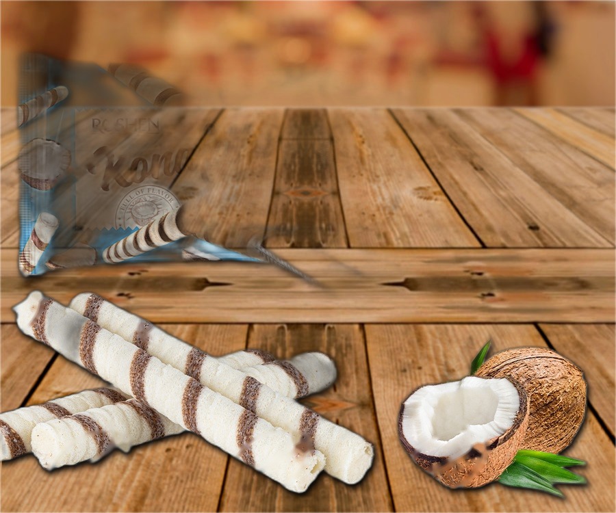 Waffle rolls with filling, with coconut flakes