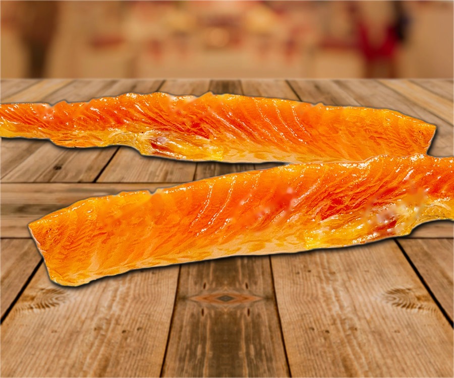 Salmon belly strips (Salmo salar), salted, cold-smoked
