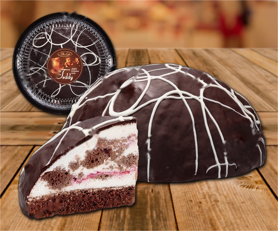 Dome cake with cherry flavour filling, with a coating containing cocoa