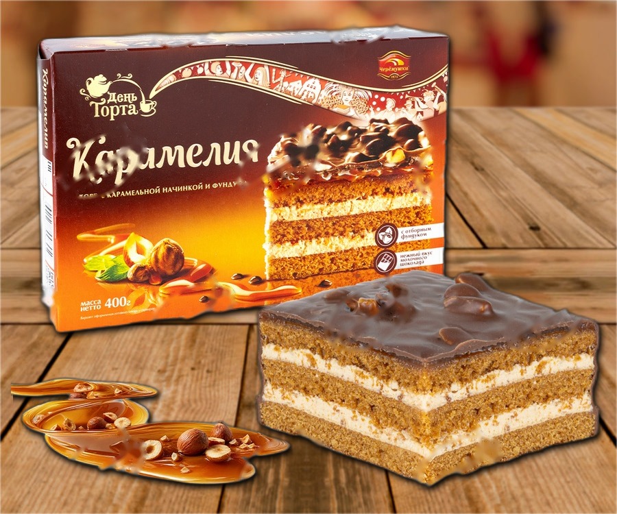 Layer cake with caramel flavour and hazelnut kernels