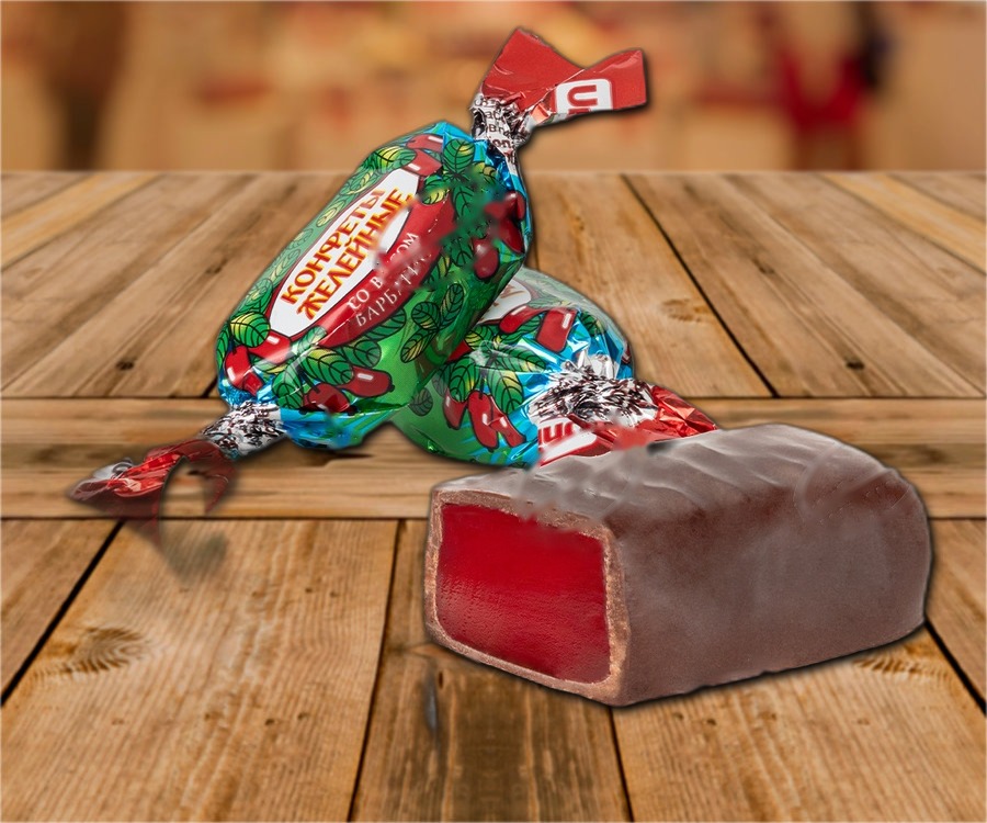 Confectionary with barberry flavour, in a coating that contains cocoa