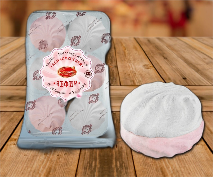 Foam confectionery with vanilla and strawberry flavour