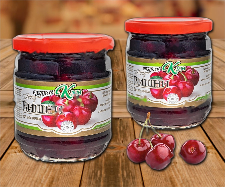 Sour cherries de-stoned, in sugar syrup